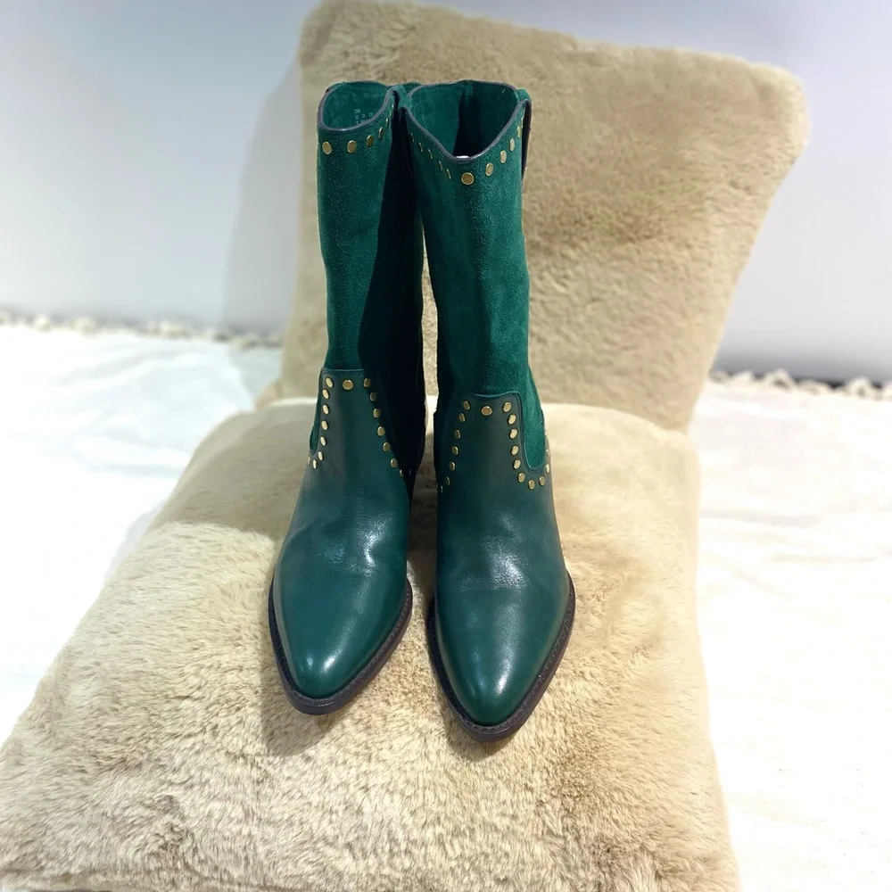 Coach Pheobe Green Leather & Suede Studded Women's Boots - Picture 2 of 10